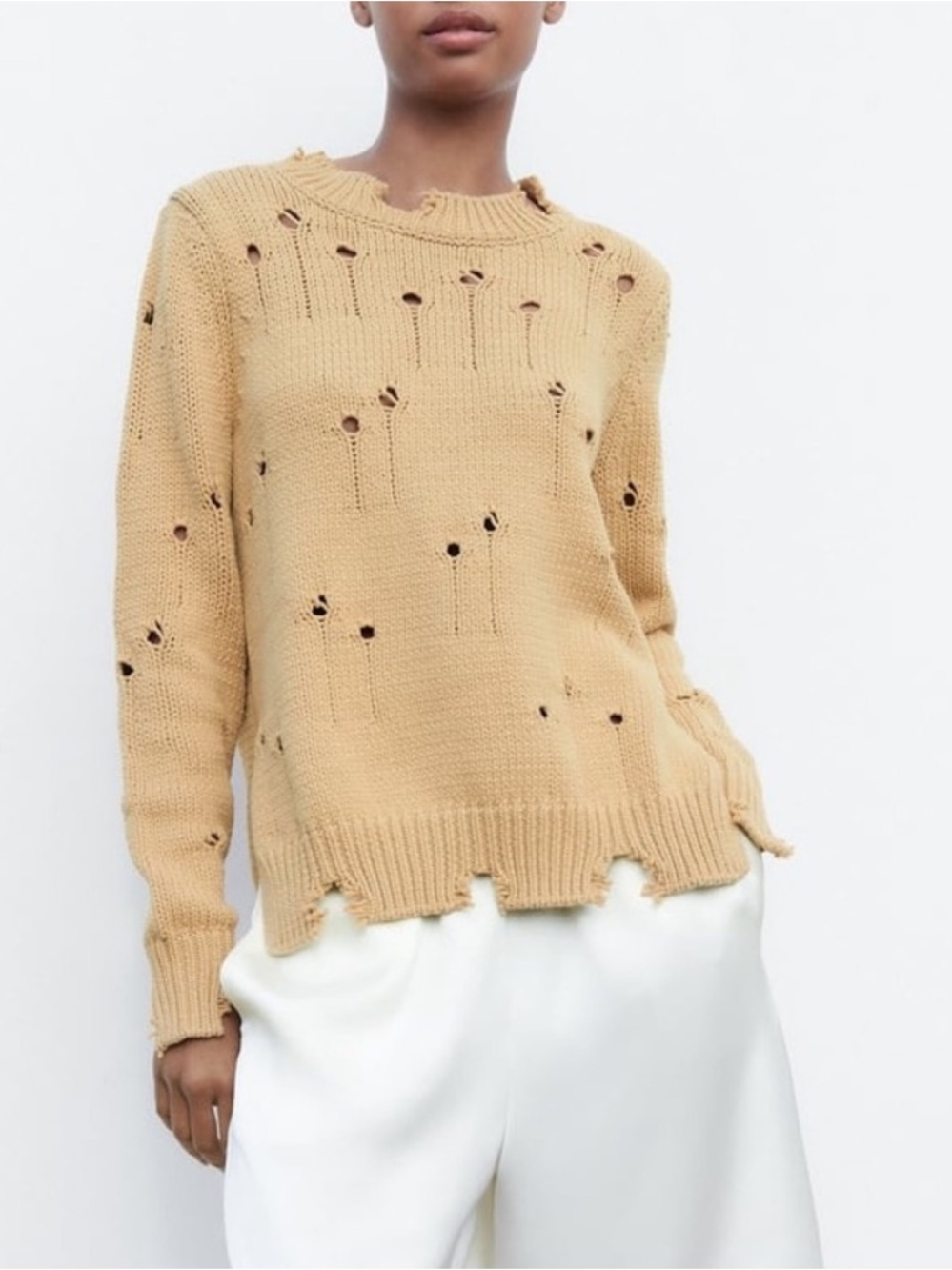 Zara Distressed Crewneck Sweater in Tan